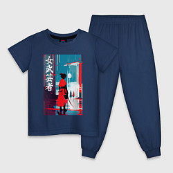 Пижама хлопковая детская Онна-бугэйся - девушка-самурай - иероглифы - Япони, цвет: тёмно-синий