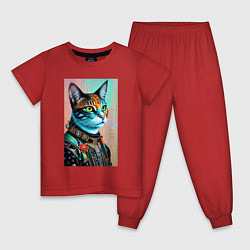Пижама хлопковая детская Модный котик - нейросеть, цвет: красный