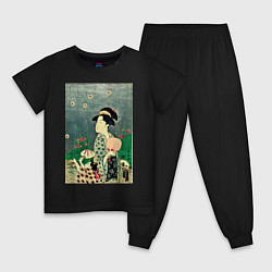 Пижама хлопковая детская Утамаро Китагава - гравюра Ловля светлячков, цвет: черный