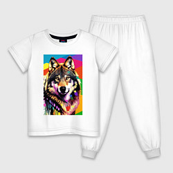 Пижама хлопковая детская Красочный волк - поп-арт - нейросеть, цвет: белый