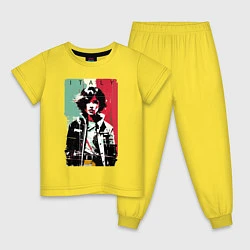 Пижама хлопковая детская Девчонка на фоне флага - Италия - поп-арт, цвет: желтый