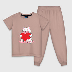 Пижама хлопковая детская Милый котик обнимает сердце, цвет: пыльно-розовый