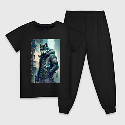 Пижама хлопковая детская Cool wolf - cyberpunk, цвет: черный
