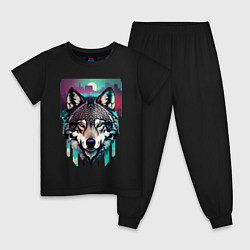 Пижама хлопковая детская Морда волка - акварель, цвет: черный