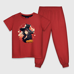 Пижама хлопковая детская Ведьмочка и черный кот, цвет: красный