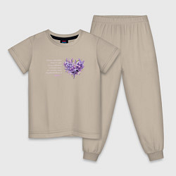 Пижама хлопковая детская Цветы и сердце с надписью, цвет: миндальный