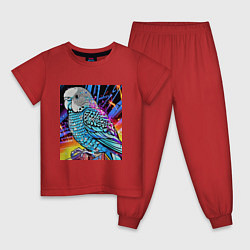 Пижама хлопковая детская Волнистый синий попугай, цвет: красный
