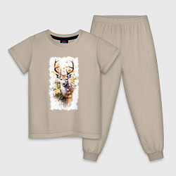 Пижама хлопковая детская Олень в цветах акварель, цвет: миндальный