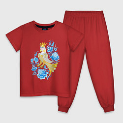 Пижама хлопковая детская Птица Сирин в цветах по мотивам гжельской росписи, цвет: красный