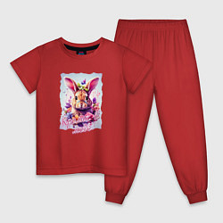 Пижама хлопковая детская Кролик в цветах надпись, цвет: красный