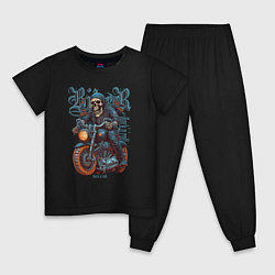 Пижама хлопковая детская Скелет байкера на мотоцикле под rocknroll, цвет: черный