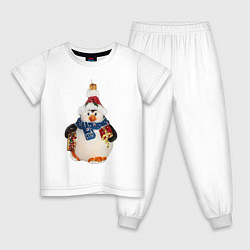 Пижама хлопковая детская Пингвин в шарфе с подарками, цвет: белый