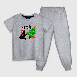 Пижама хлопковая детская Новогодний котик роняет ёлку, цвет: меланж