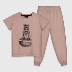 Пижама хлопковая детская Белка модная в очках и шапке, цвет: пыльно-розовый