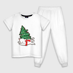 Пижама хлопковая детская Котик против елки, цвет: белый