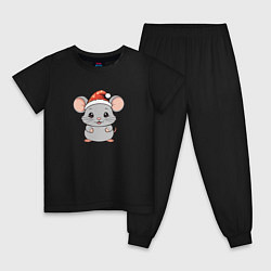 Пижама хлопковая детская Мышка в новогодней шапке, цвет: черный