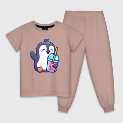 Пижама хлопковая детская Пингвин с напитком, цвет: пыльно-розовый