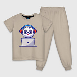 Пижама хлопковая детская Панда за ноутбуком, цвет: миндальный