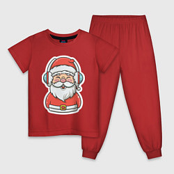 Пижама хлопковая детская Дед Мороз в наушниках, цвет: красный