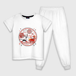 Пижама хлопковая детская Кот и лиса из сказки в стиле мезенских мотивов, цвет: белый