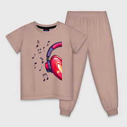Пижама хлопковая детская The heart in the headphones right, цвет: пыльно-розовый