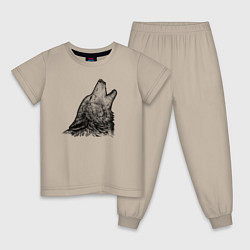 Пижама хлопковая детская Волк воющий гравюра, цвет: миндальный