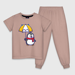 Пижама хлопковая детская Пингвинчик под зонтом, цвет: пыльно-розовый