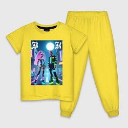 Пижама хлопковая детская Барби и Кен в ночном городе - неон, цвет: желтый