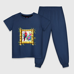 Пижама хлопковая детская Попугай в рамке из бамбука, цвет: тёмно-синий