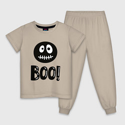 Пижама хлопковая детская Страшный черный смайлик: Буу!, цвет: миндальный