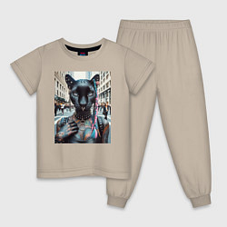 Пижама хлопковая детская Пантера панк из Нью-Йорка - нейросеть, цвет: миндальный