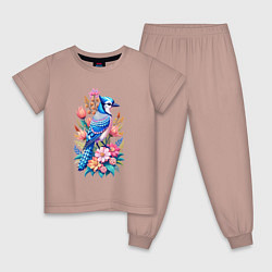Пижама хлопковая детская Голубая сойка среди цветов, цвет: пыльно-розовый