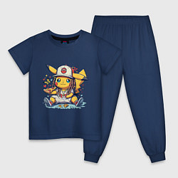 Пижама хлопковая детская Пикачу покемон ест пиццу, цвет: тёмно-синий