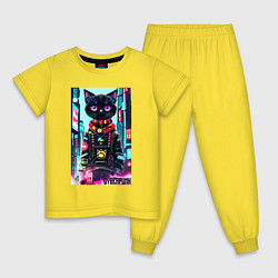 Пижама хлопковая детская Котёнок в мегаполисе - киберпанк, цвет: желтый