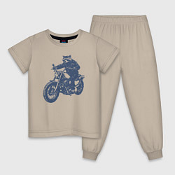 Пижама хлопковая детская Енот байкер на мотоцикле на чоппере, цвет: миндальный