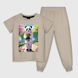 Пижама хлопковая детская Панда с букетом тюльпанов, цвет: миндальный