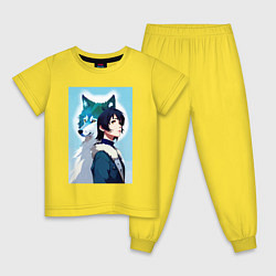 Пижама хлопковая детская Мечтательная девчонка и волк - нейроарт, цвет: желтый
