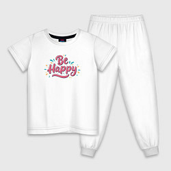Пижама хлопковая детская Be happy надпись с брызгами, цвет: белый