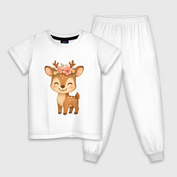 Пижама хлопковая детская Милый олененок с венком, цвет: белый