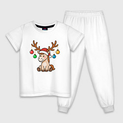 Пижама хлопковая детская Лошадь в шапке Санта-Клауса и рогами оленя, цвет: белый