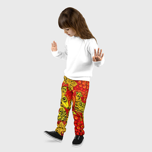 Детские брюки Хохломская Роспись Две Птици На Красном Фоне / 3D-принт – фото 3