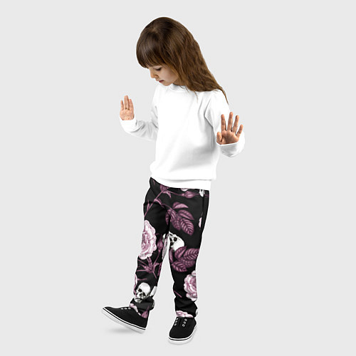 Детские брюки Розовые цветы с черепами / 3D-принт – фото 3