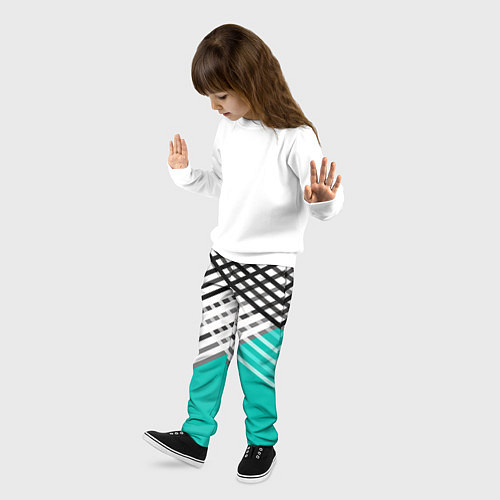 Детские брюки Черно-белые переплетенные полосы на бирюзовом фоне / 3D-принт – фото 3