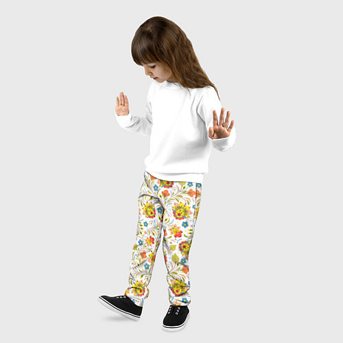 Детские брюки Хохломская роспись разноцветные цветы на белом фон / 3D-принт – фото 3
