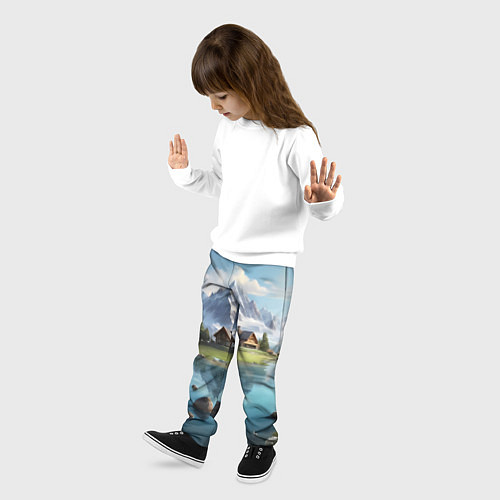 Детские брюки Чудесный день на берегу озера в горах / 3D-принт – фото 3