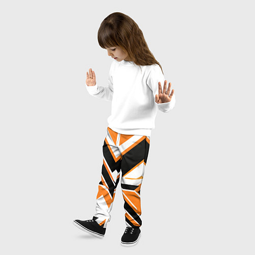 Детские брюки Чёрно-оранжевые широкие линии на белом фоне / 3D-принт – фото 3