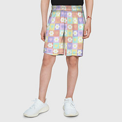 Шорты детские Сердечки и цветочки в пастельных квадратах, цвет: 3D-принт — фото 2