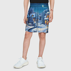 Шорты детские Новогодняя ночь в деревушке, цвет: 3D-принт — фото 2