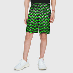 Шорты детские Белые и зелёные полосы на чёрном фоне, цвет: 3D-принт — фото 2