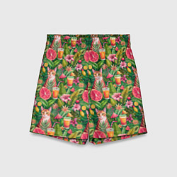 Шорты детские Летний котик с коктейлем в тропических цветах, цвет: 3D-принт